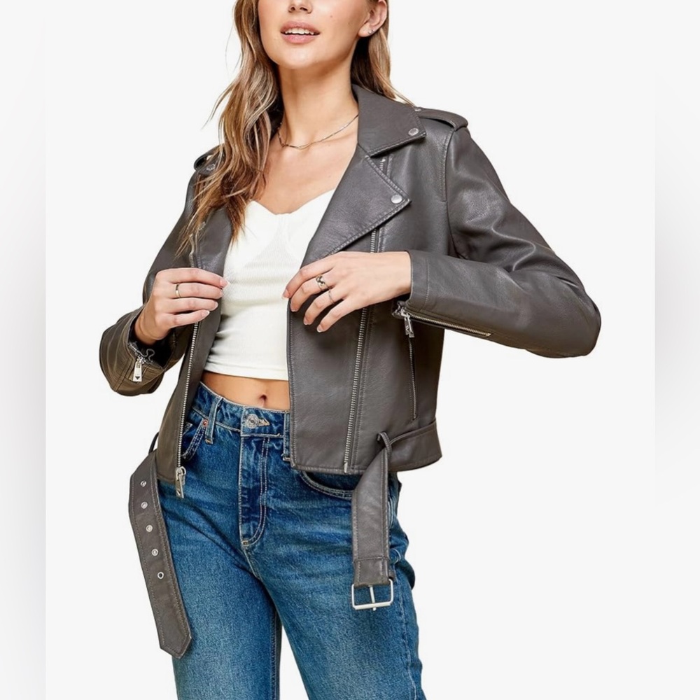 Faux Leather Zip Up Moto Biker Jacket -grey
